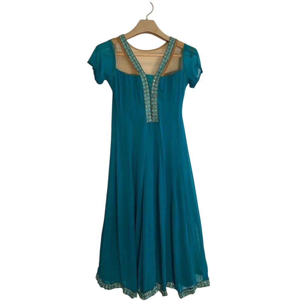 Pharmas A Line Dress Green Lined Midi Short Sleeve Illusion Neck MEDIUM